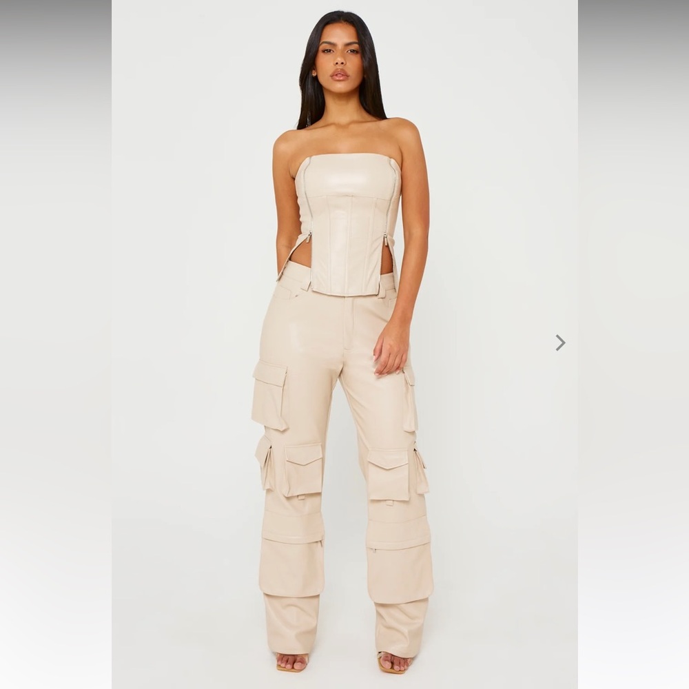 Luxe to Kill - Stone Vegan Leather Zip Detail Corset & Pocket Trouser set - UK 8